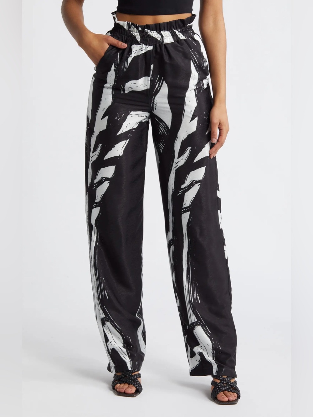 DIARRABLU Leer Suto Print Elasticized High Rise Waist Palazzo Pant Black White - Picture 7 of 10